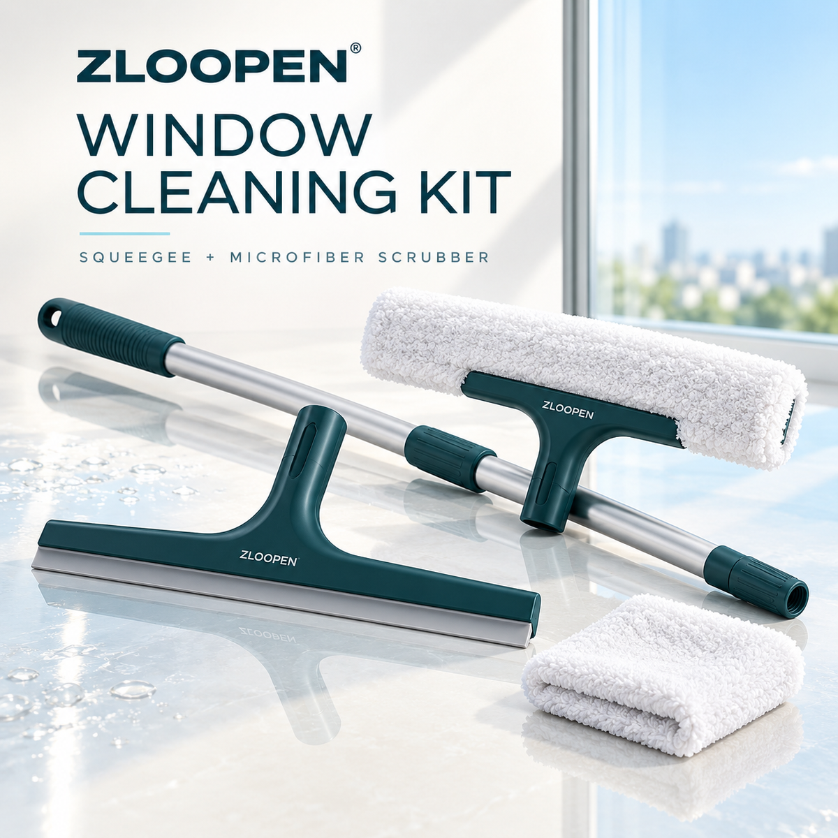 ZLOOPEN® Window Cleaning Kit – Squeegee and Microfiber Scrubber with Telescopic Pole