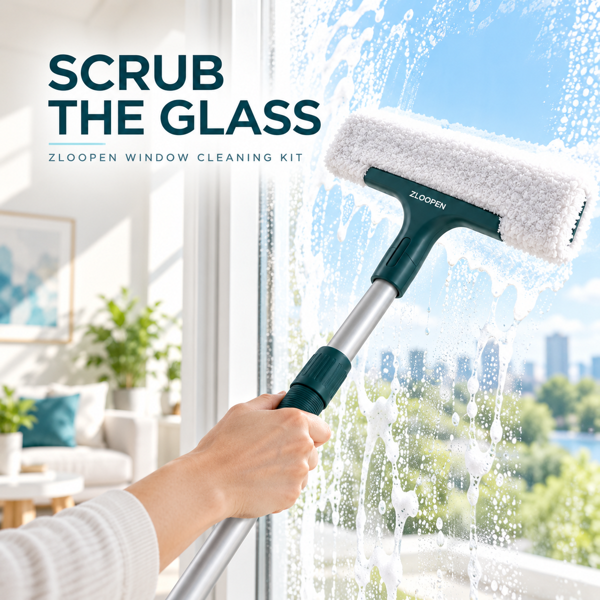 ZLOOPEN® Window Cleaning Kit – Squeegee and Microfiber Scrubber with Telescopic Pole