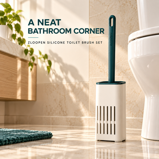 ZLOOPEN® Silicone Toilet Brush Set – Flexible Brush Head with Vented Freestanding Holder
