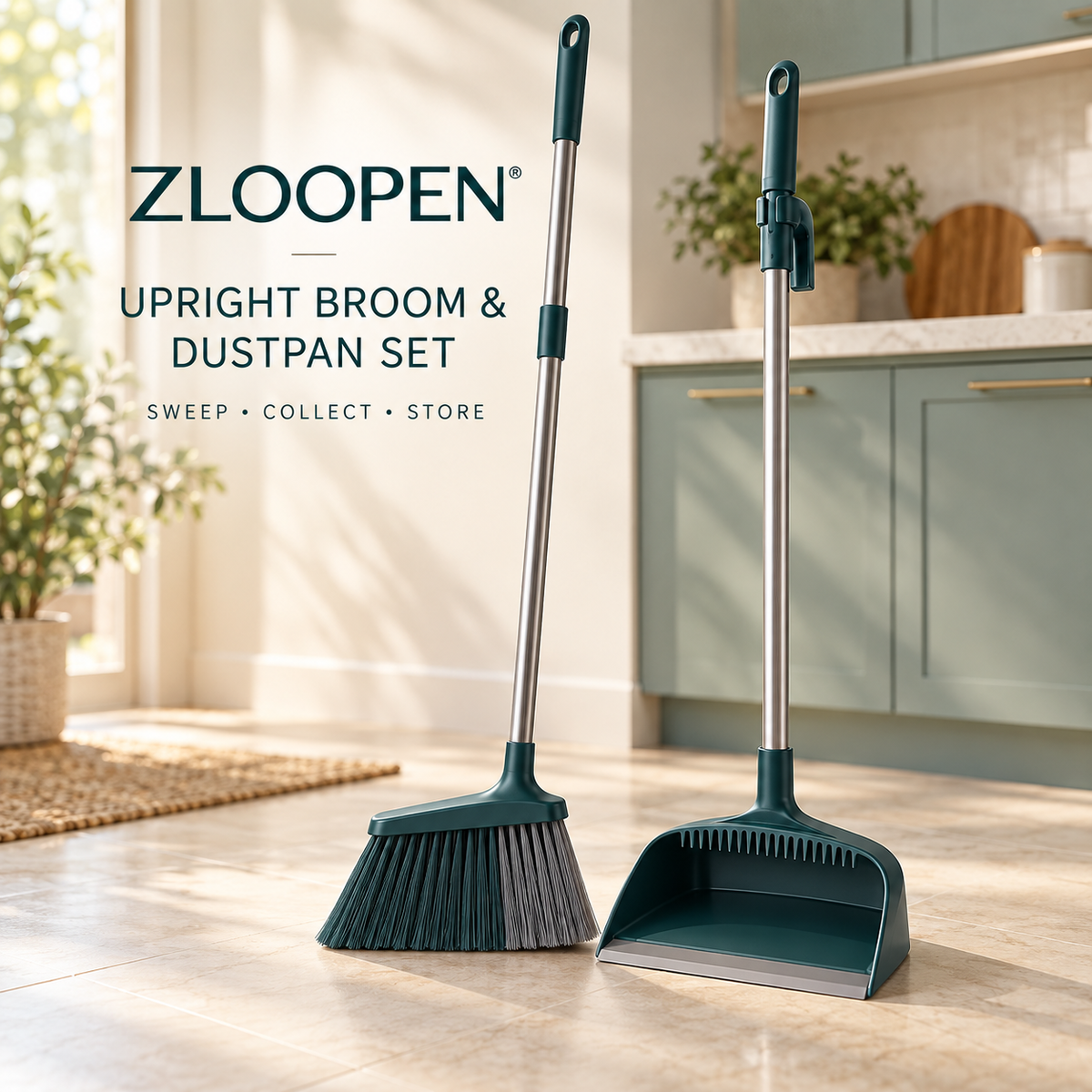 ZLOOPEN® Upright Broom & Dustpan Set – Angled Bristles, Built-In Comb and Clip-Together Storage