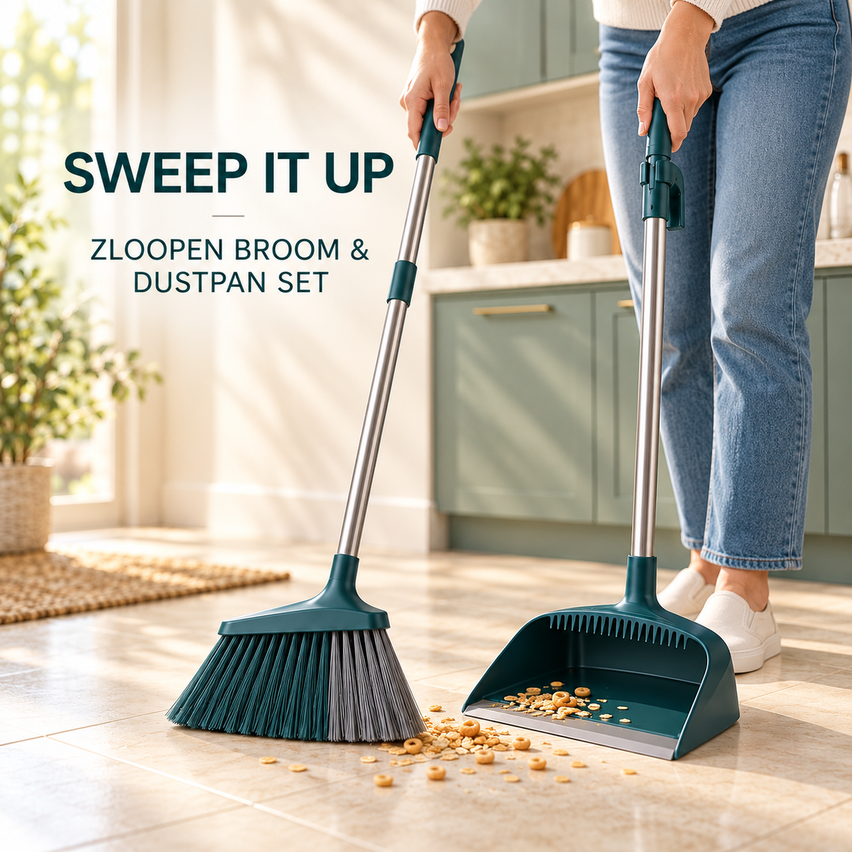 ZLOOPEN® Upright Broom & Dustpan Set – Angled Bristles, Built-In Comb and Clip-Together Storage