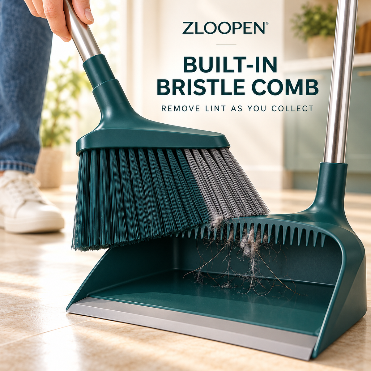 ZLOOPEN® Upright Broom & Dustpan Set – Angled Bristles, Built-In Comb and Clip-Together Storage
