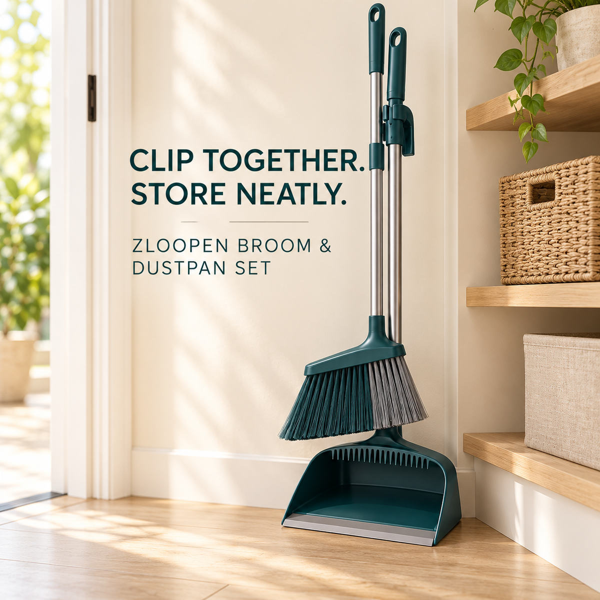 ZLOOPEN® Upright Broom & Dustpan Set – Angled Bristles, Built-In Comb and Clip-Together Storage