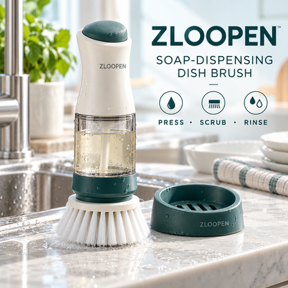 ZLOOPEN® Soap-Dispensing Dish Brush – Refillable Handle with Press Button and Drain Stand