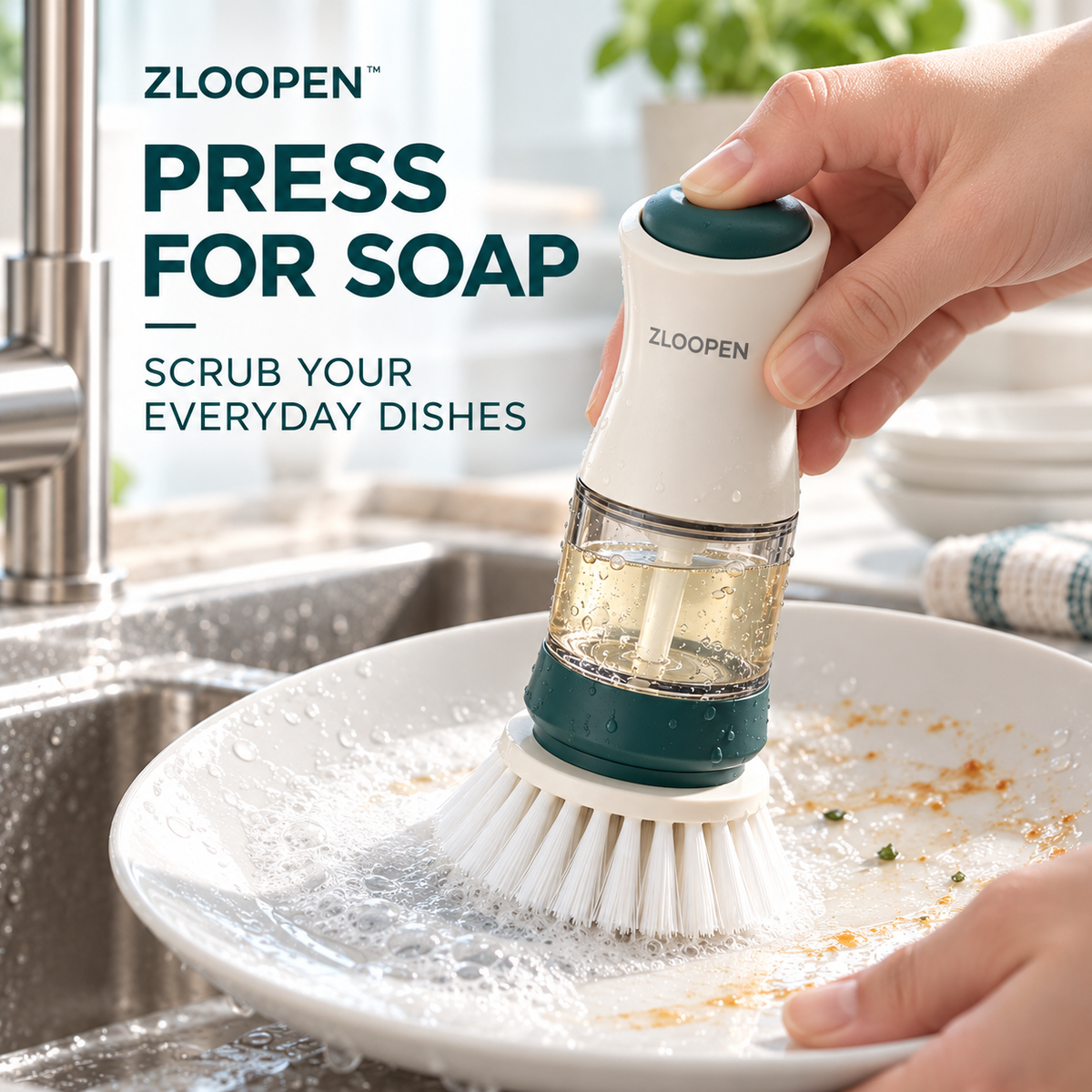 ZLOOPEN® Soap-Dispensing Dish Brush – Refillable Handle with Press Button and Drain Stand
