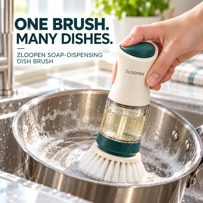 ZLOOPEN® Soap-Dispensing Dish Brush – Refillable Handle with Press Button and Drain Stand