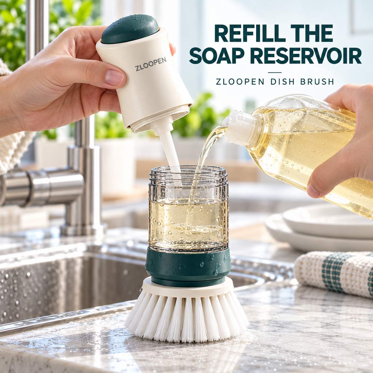 ZLOOPEN® Soap-Dispensing Dish Brush – Refillable Handle with Press Button and Drain Stand