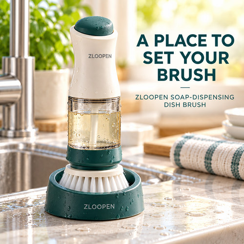 ZLOOPEN® Soap-Dispensing Dish Brush – Refillable Handle with Press Button and Drain Stand